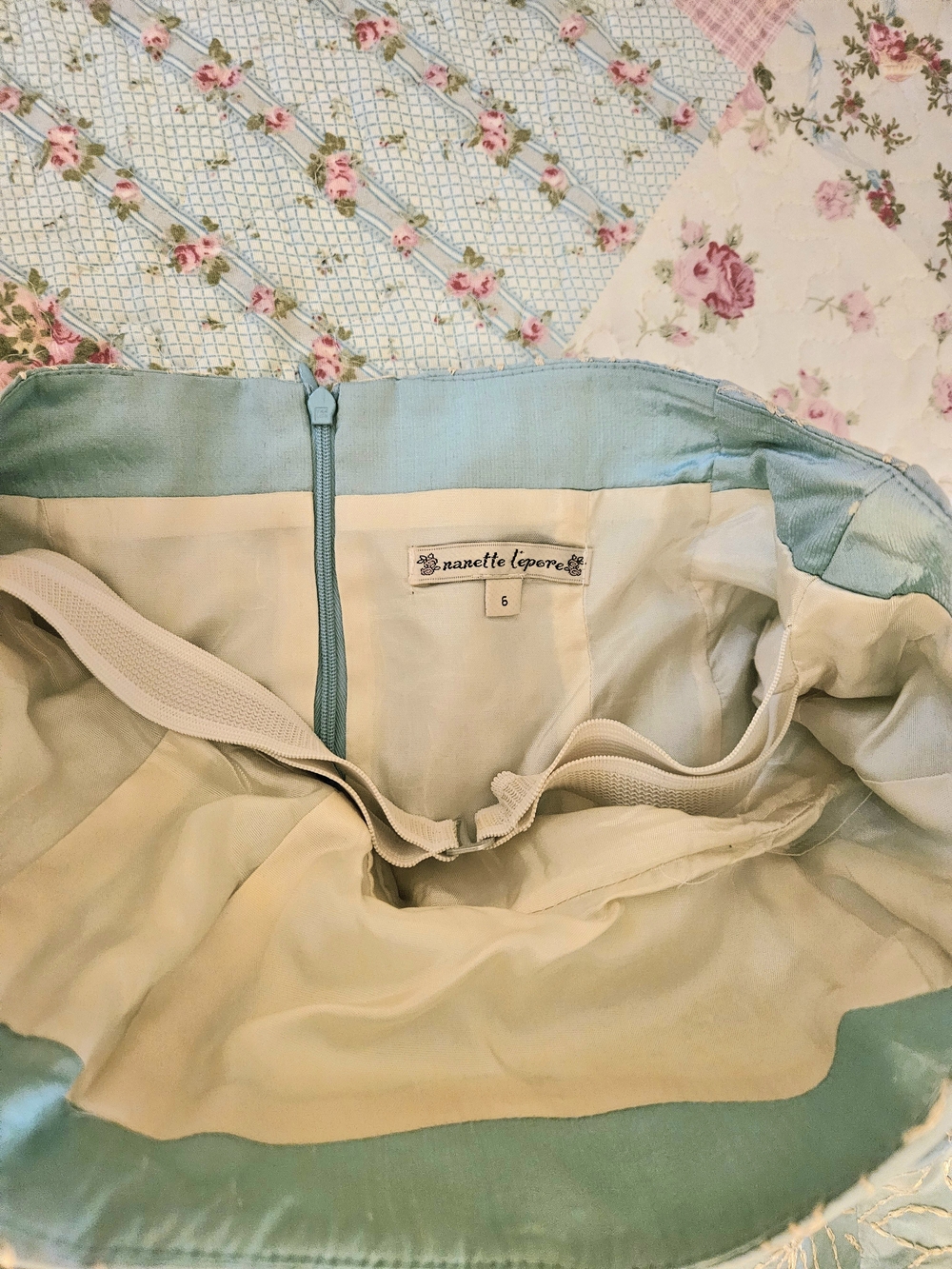 Light Blue Floral Brocade Strapless Dress - Picture 7 of 12